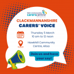 invitation to Clacks voice on 5th March from 10am and Hawhkhill Community Centre