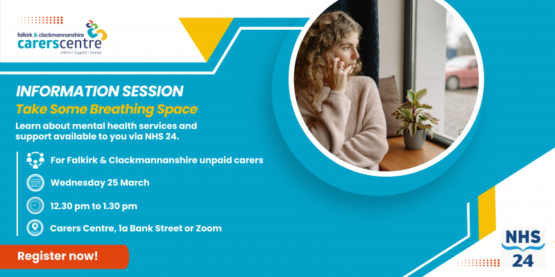 invitation to session on 25th March by NHS24 about their services, lady holding a phone