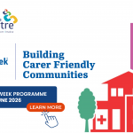 carers week programme imagery with logo and carers week visuals containing houses, a person, nature signifying communities