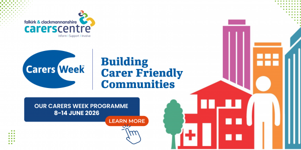 carers week programme imagery with logo and carers week visuals containing houses, a person, nature signifying communities